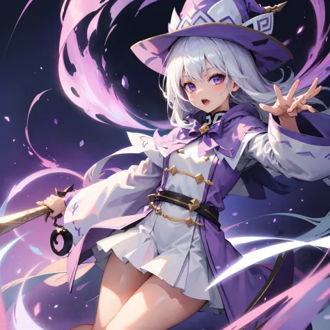 Female Wizard、white  hair、short stature、a cool、Purple costume、The background is lily、Pointy hat、