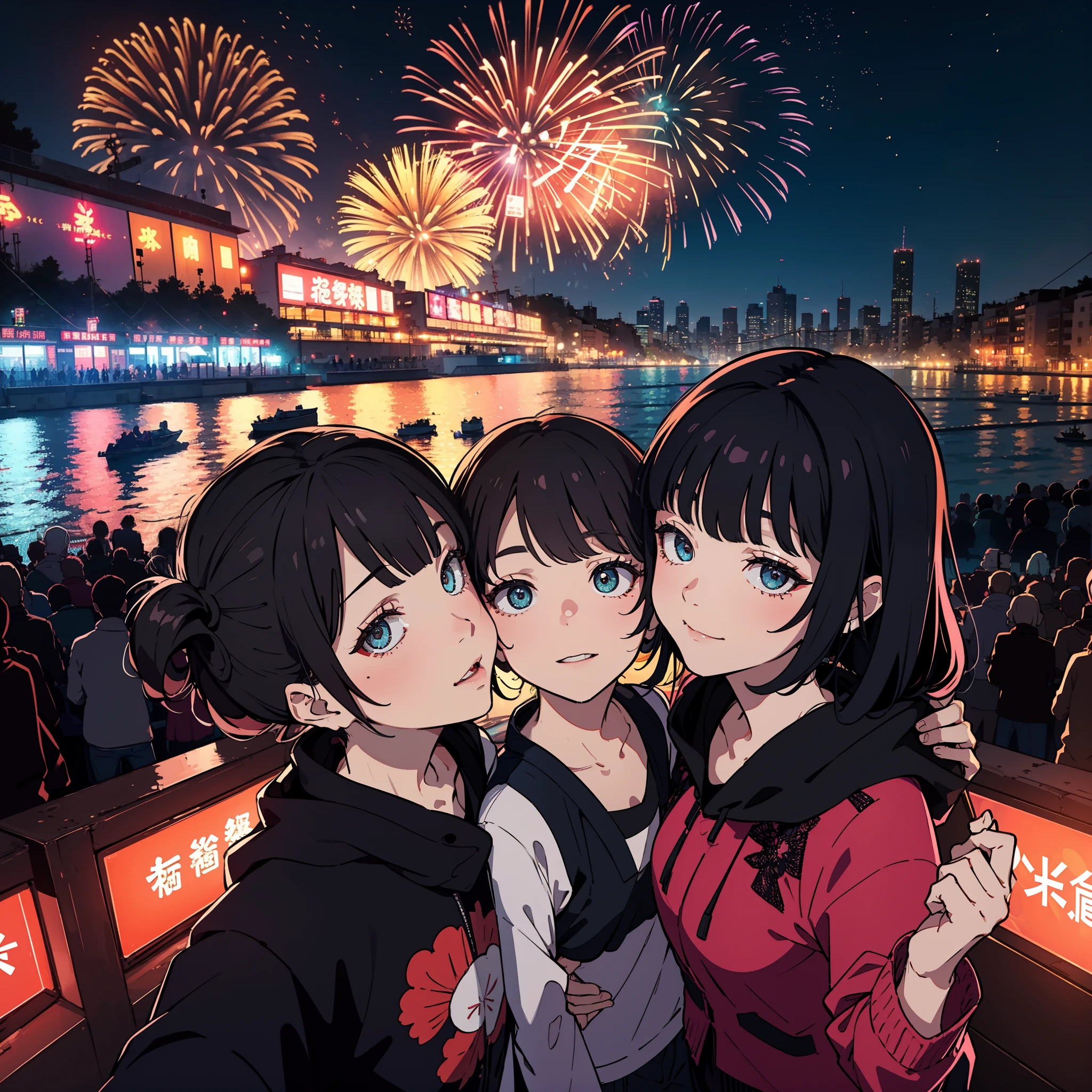 Gopro,Selfie einer Gruppe küssender Liebender，Spektakuläres Feuerwerk im Hintergrund. Das Feuerwerk ist riesig，Große Zeremonie，Ein schönes Fest，Elektrooptische Psychedelika
