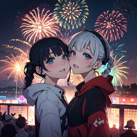 gopro,Selfie of a couple kissing，Spectacular fireworks display in the background. The fireworks are huge，Grand ceremony，A beauti...