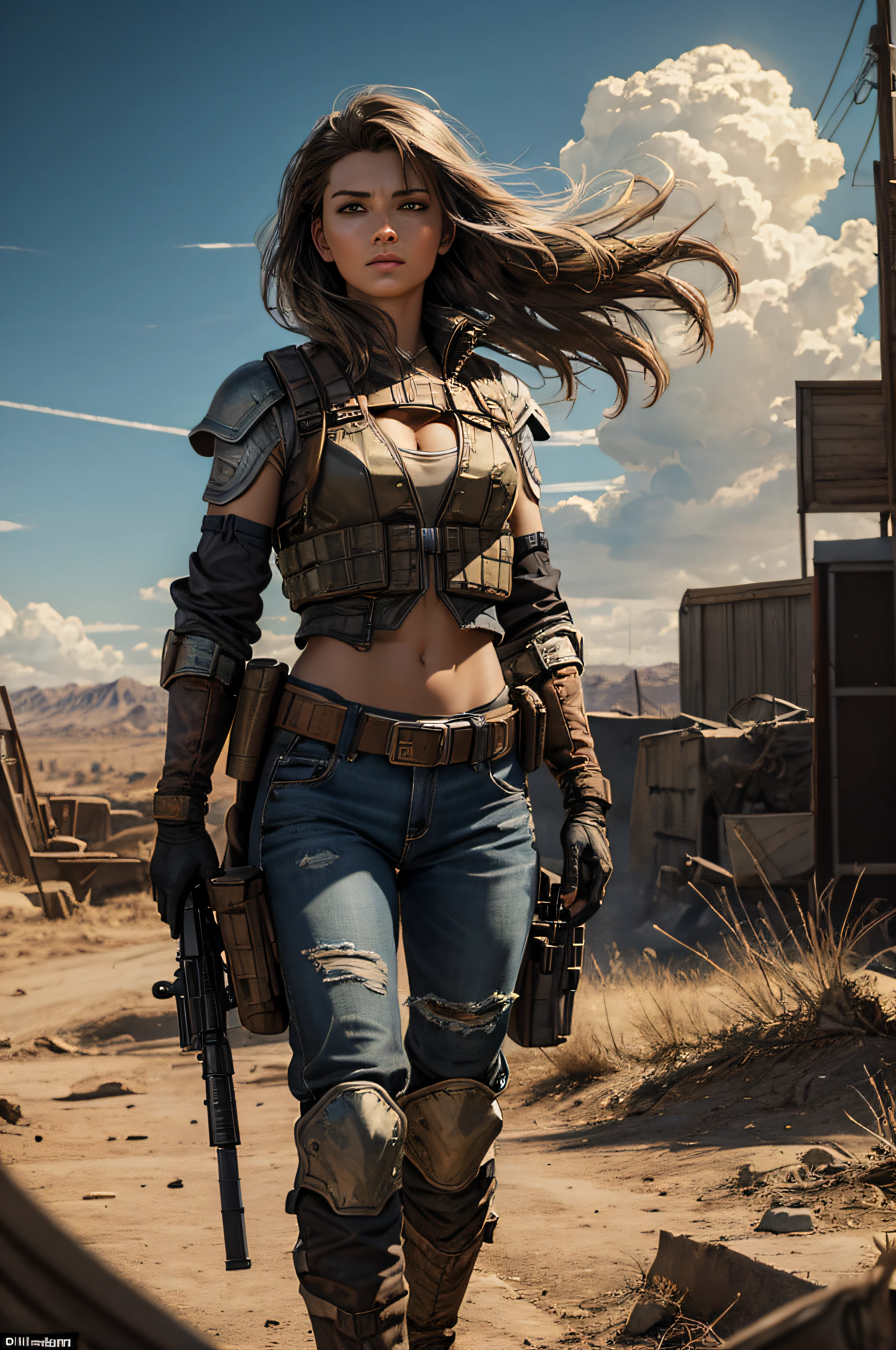 Create a cinematic, filmic image ((best quality)), ((masterpiece)), ((realistic)) of [post nuclear town] in [fallout style], with [detailed linework], [dynamic shading], and [rich colors]. Show [young caucasian woman] [Desert Ranger] named [AnjelikaV2:1.5] and her [full body], with [expressive facial features] and [fluid body movements], and close attention paid to [costume design] and [background details]. The art style should capture the [post-apocalyptic setting] of the image.
Create an [ultra-realistic], [high-resolution] image of [soldier] [mercenary] [exploring] [american] [desolated city] before the [storm], with the [hot summer sun] still shining brightly in the sky, but in the distance, the sky is a [dark and foreboding shade of blue], hinting at an impending storm. [Tumbleweeds] rolling in the distance.
Her face is covered in [dust] with windswept hair cascading [loosely]. Her eyes with [black eyeliner] and [smokey eye shadow] have long, full eyelashes that add to her feminine charm. She wears a [bandolier], [uzipped] [rugged black leather armor] showing her [cleavage] and [tactical vest:1.2], [old jeans] accentuating her [slim body] and [black wide-brimmed cowboy hat] with metal [texas ranger star], [knee pads] and [short leather boots] that provide both style and function and [holding weapon], [holding gun], [assault rifle:1.2].
Aim for a [photorealistic] portrayal that captures the [essence] of her character, with [intricate details] that capture every nuance of her form. The overall mood of the image should be [post nuclear], [post-apocalyptic], with a sense of [melancholy], [loneliness], and [desolation], showing the complete scene with her [full body]  >