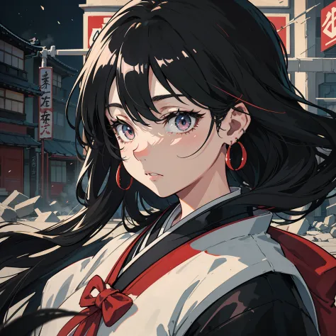 (masterpiece), high quality, Japanese animation, wearing black and white contrast uniform, passionate colors, collapsing traditional Japanese buildings, earthquake, portrait the woman, solo, atnight, the best detail, earrings,