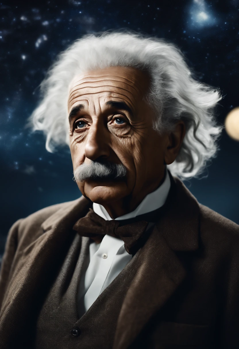 Albert Einstein pensive looking at starry night sky, futuristic dystopian environment