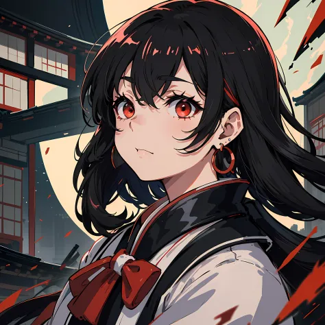 (masterpiece), high quality, Japanese animation, wearing black and white contrast uniform, passionate colors, collapsing traditional Japanese buildings, earthquake, portrait the woman, solo, atnight, the best detail, earrings, red eyes, messy light