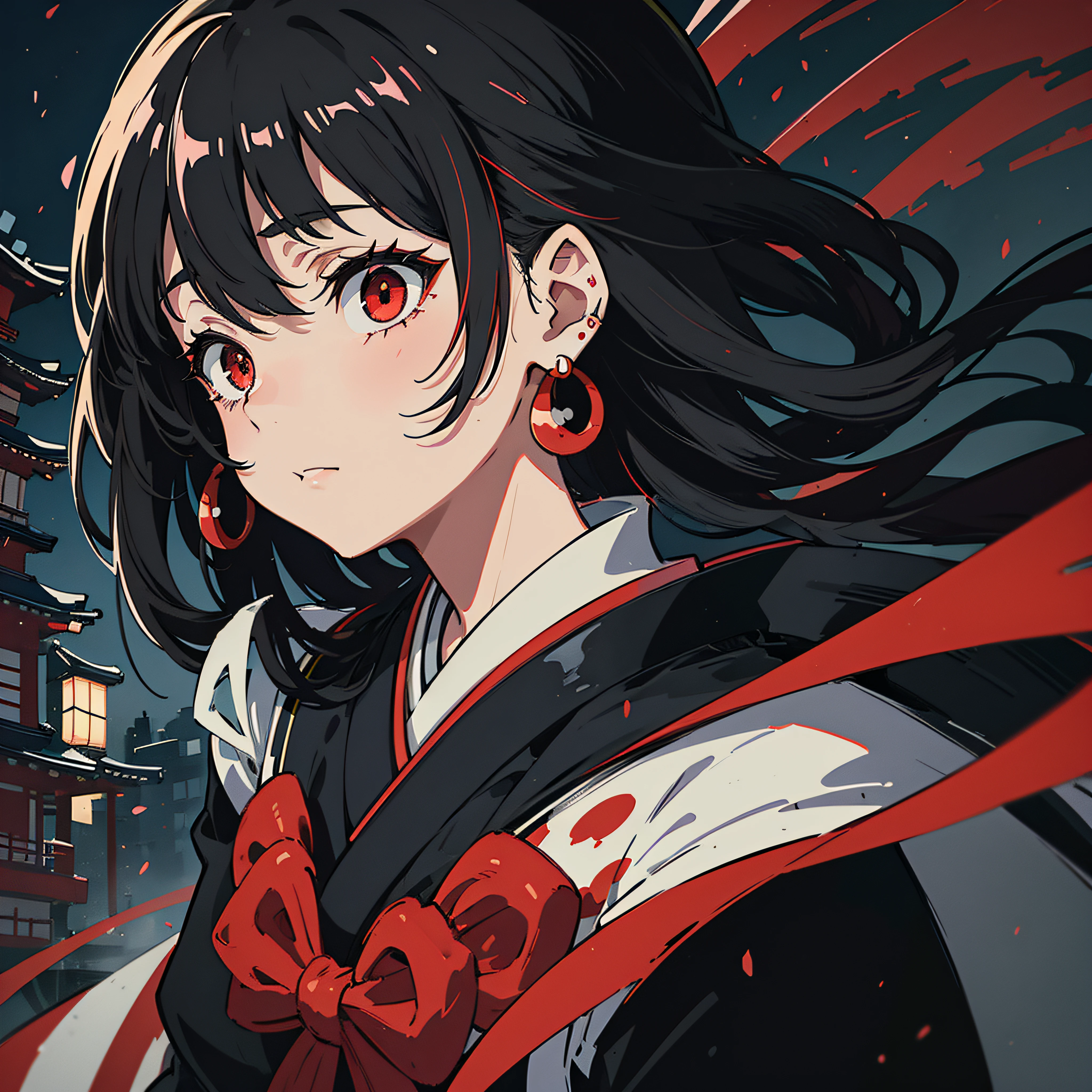 (masterpiece), high quality, Japanese animation, wearing black and white contrast uniform, passionate colors, collapsing traditional Japanese buildings, earthquake, portrait the woman, solo, atnight, the best detail, earrings, red eyes, messy light