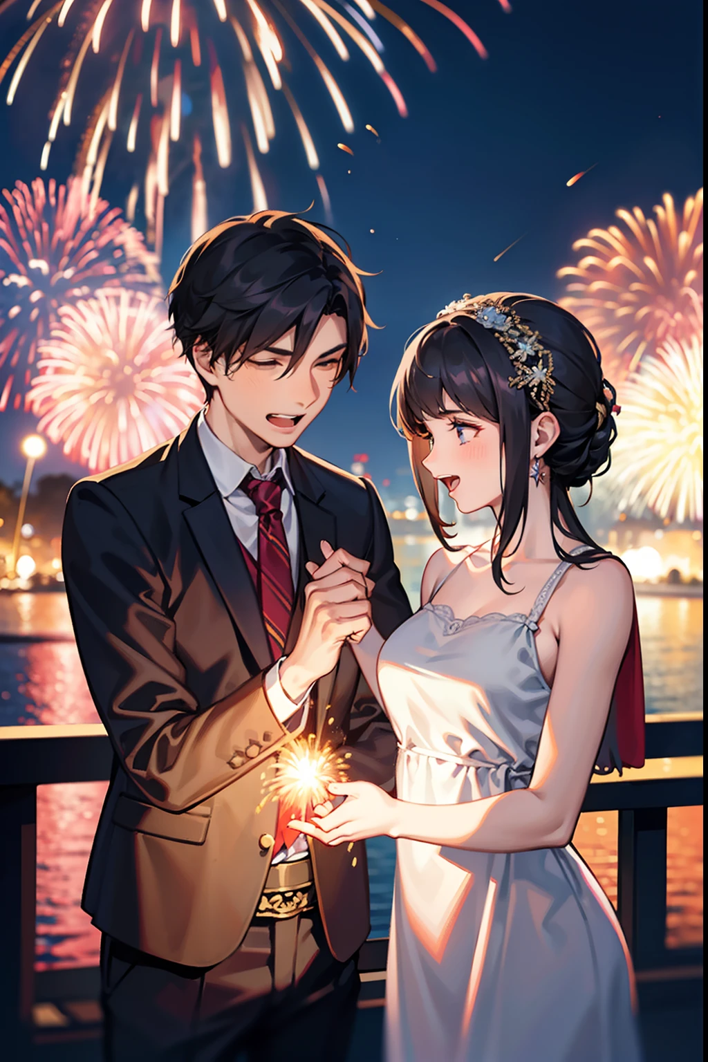 um jovem e uma mulher，Casais jovens，Praça，Fogos de artifício esplêndidos，Espetacular exibição de fogos de artifício
