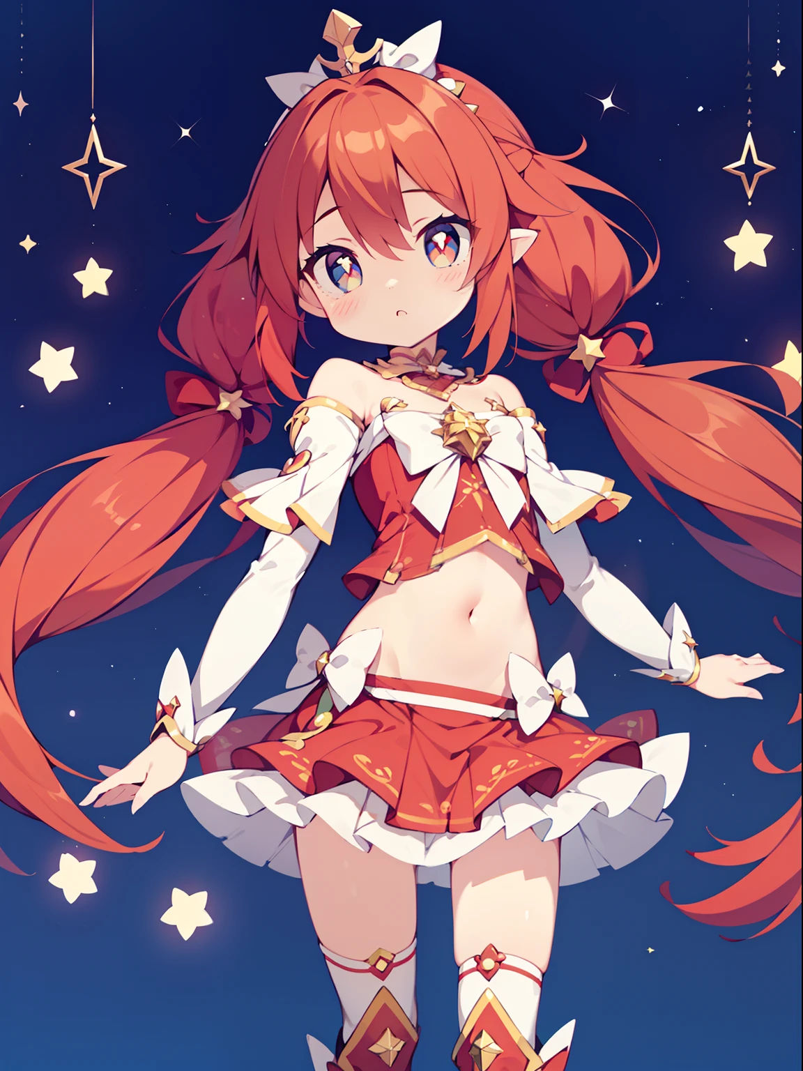 (1girl in:1.2), (Solo:1.2), nffsw、Shaders、Brilliant Textured Work、Ultra-detailed eyes、ultra-intricate pupil in eyes、top-quality、red hairs、Very long hair、magical little girl、Star Ribbon、Double knot、Sanpaku eyes、Stars in the eyes、Navel、Shoulder out、gals、Separated sleeves、Priestess style costume、a frilled miniskirt、Magical Girl Boots、Red colored tights、