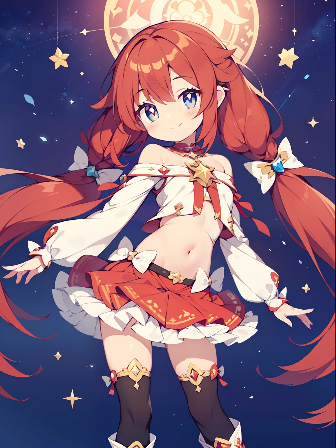 (1girl in:1.2), (Solo:1.2), nffsw、Shaders、Brilliant Textured Work、Ultra-detailed eyes、ultra-intricate pupil in eyes、top-quality、red hairs、Very long hair、magical little girl、Star Ribbon、Double knot、Sanpaku eyes、Stars in the eyes、Navel、Shoulder out、gals、Separated sleeves、Priestess style costume、a frilled miniskirt、Magical Girl Boots、Red colored tights、Smiling smile、