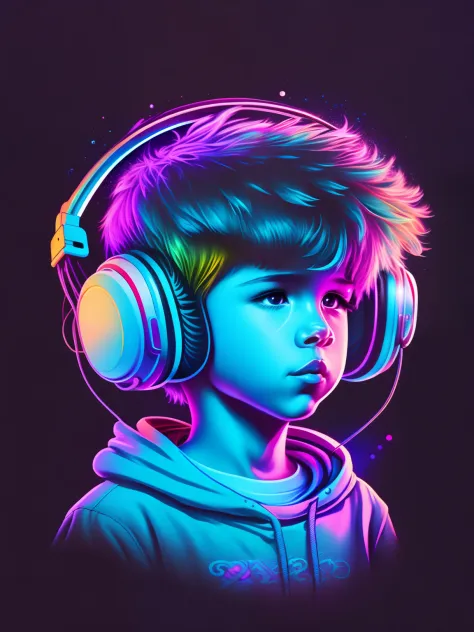 Boy head, headset, capuz, cores frias em neon, design de camiseta, rzminjourney, arte vetorial