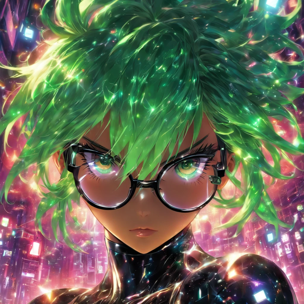 korone, shiny skin, shiny body, fembot,shiny, green hair, glasses, wearing black frame glasses, female android,with glasses,Asian,popular pronstar,Scientist