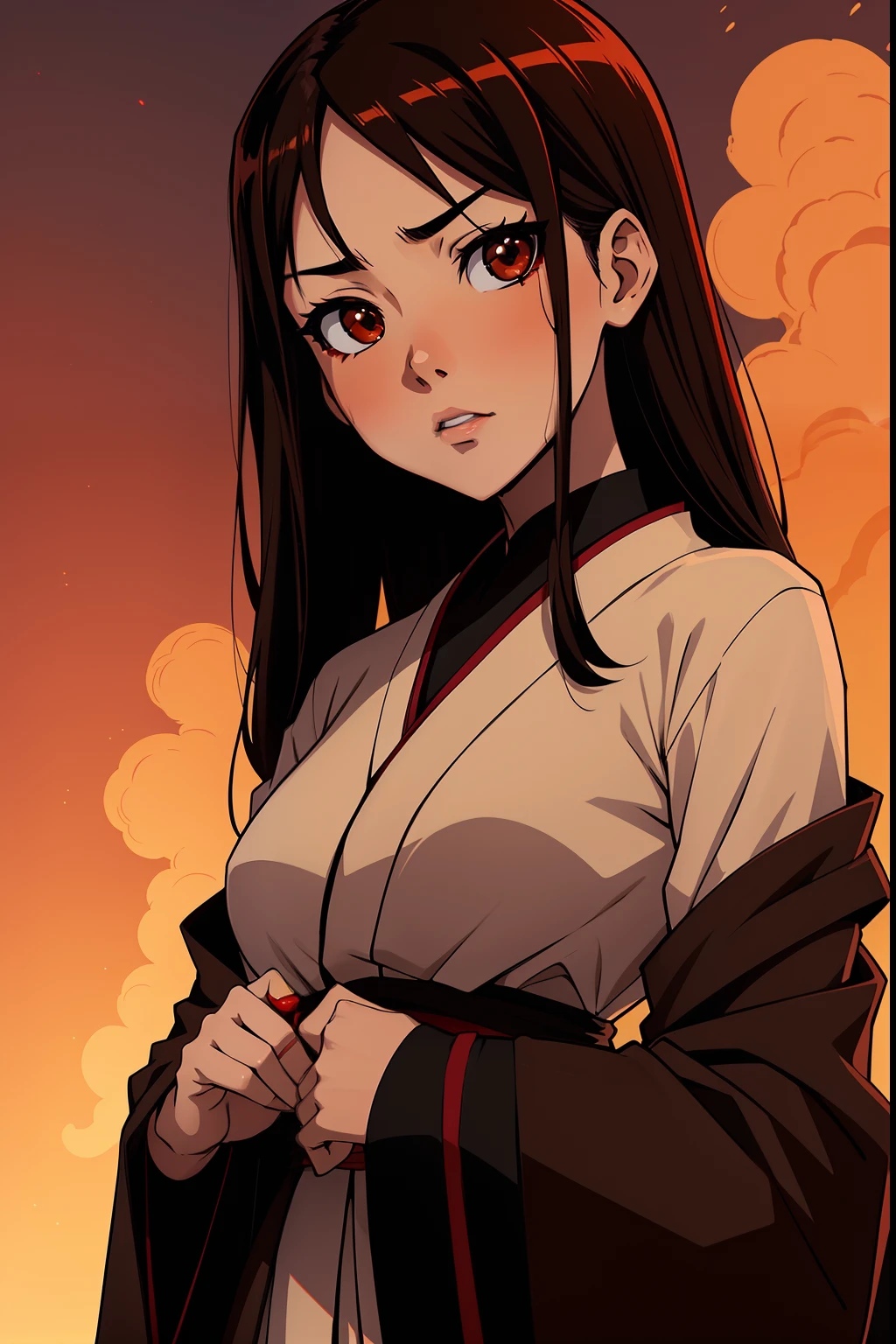 츠구미 시바타 (갈색 눈. 갈색 머리 ) 엔마 AI와 함께 포즈를 취하는 모습 (흑발, 갈색 눈): 애니메이션 캐릭터 지옥 소녀 (Jigoku shoujo)