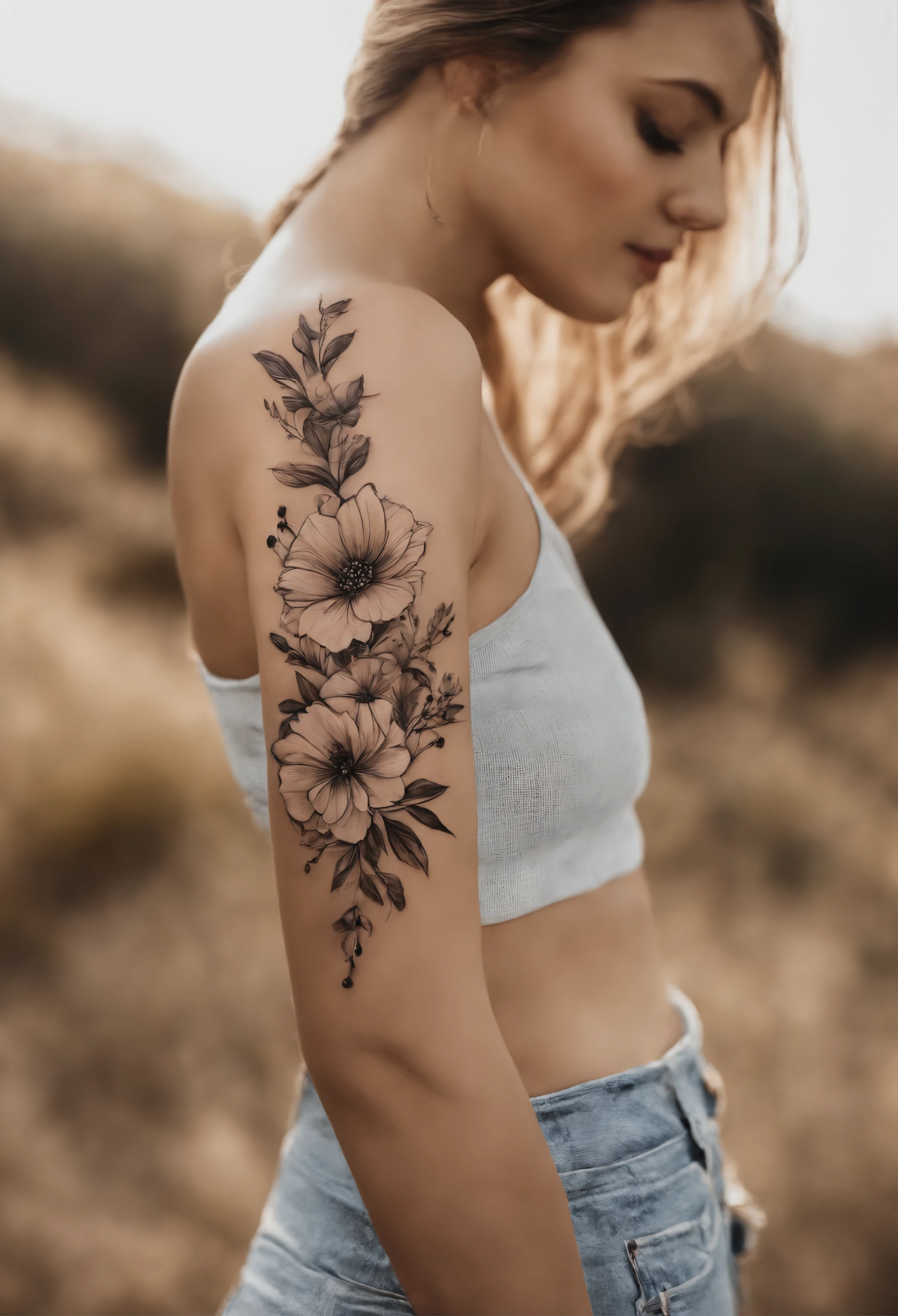 Una mujer con un tatuaje de flor en el brazo - SeaArt AI