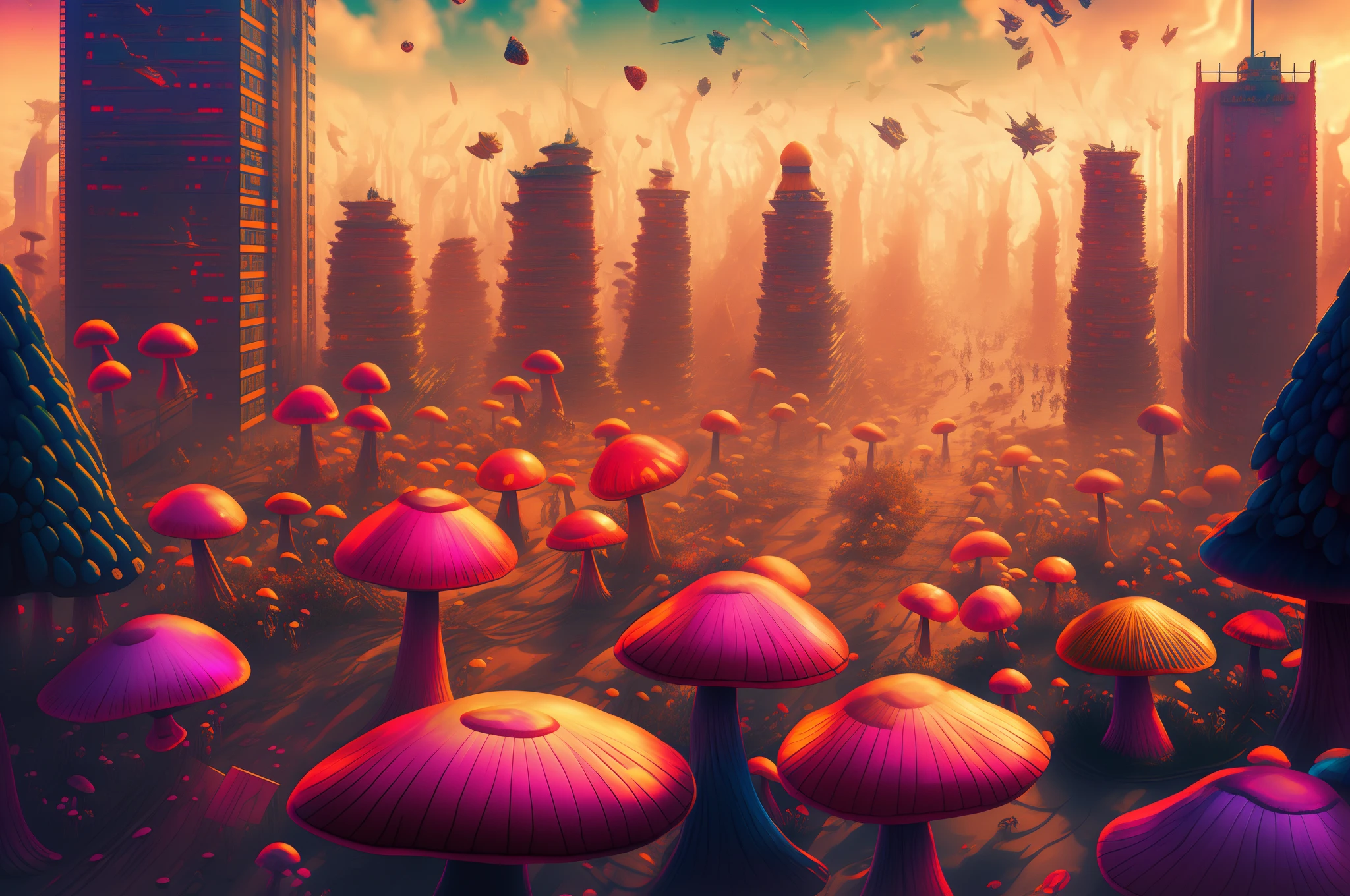 army of colorful mushrooms, invade a city, hallucination, reticle, dreamlikeart