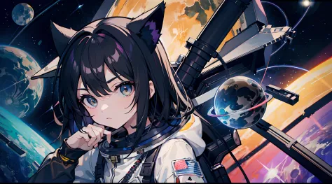 astronaut, black hair, cat ears, black suit, outer space, colorful planets,absurdres, high res, ultra sharp, 8K, masterpiece