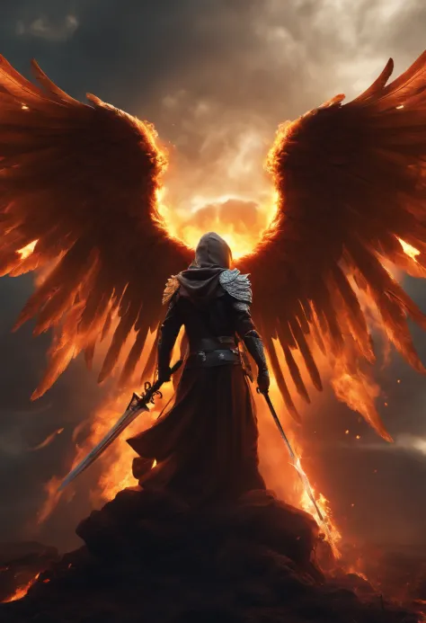 Realistic, Angel with big wings, The sword, Wearing flames,Hood on head ...