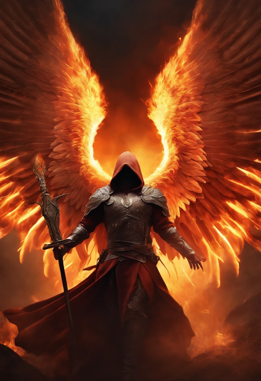 realista,  Ángel con grandes alas, La espada, Llevando llamas,Capucha en la cabeza en imagen de fondo de guerra (el caos), cuerpo completo, llamarada detrás,