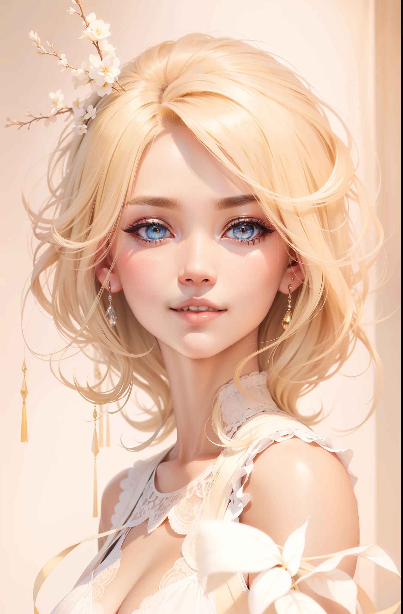 A woman with blonde hair and blue eyes wearing a white dress - SeaArt AI