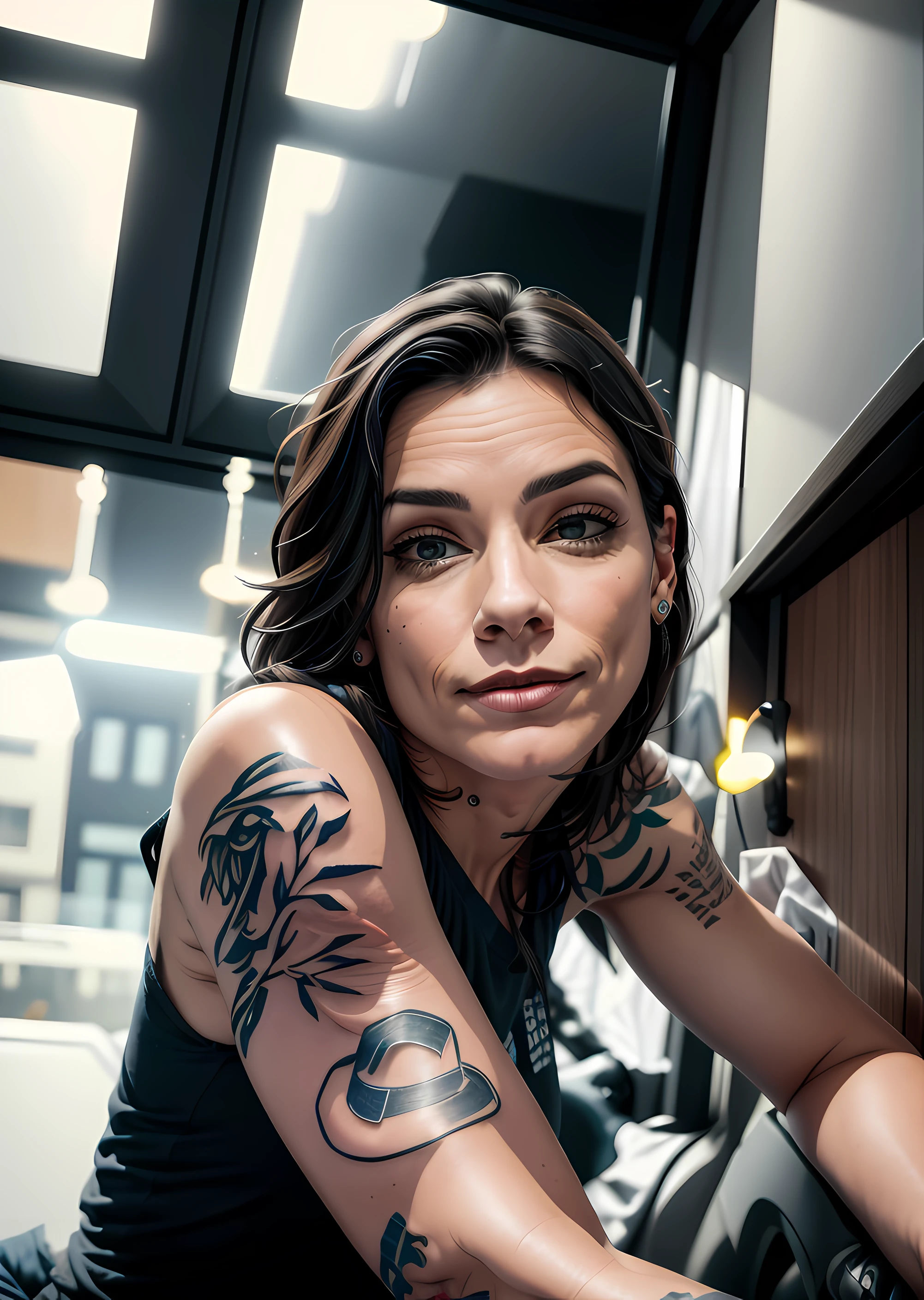 Femme avec un tatouage sur le bras assise sur une chaise, PDV terminé, sourire narquois détendu sur le visage, elle a un joli visage, elle a un beau visage expressif, regard sexy devant la caméra, elle est face à la caméra, avec des tatouages, avant-bras tatoué, photo de portrait douce 8k, Streamer sur Twitch, regarder dans la caméra, tringle à rideau