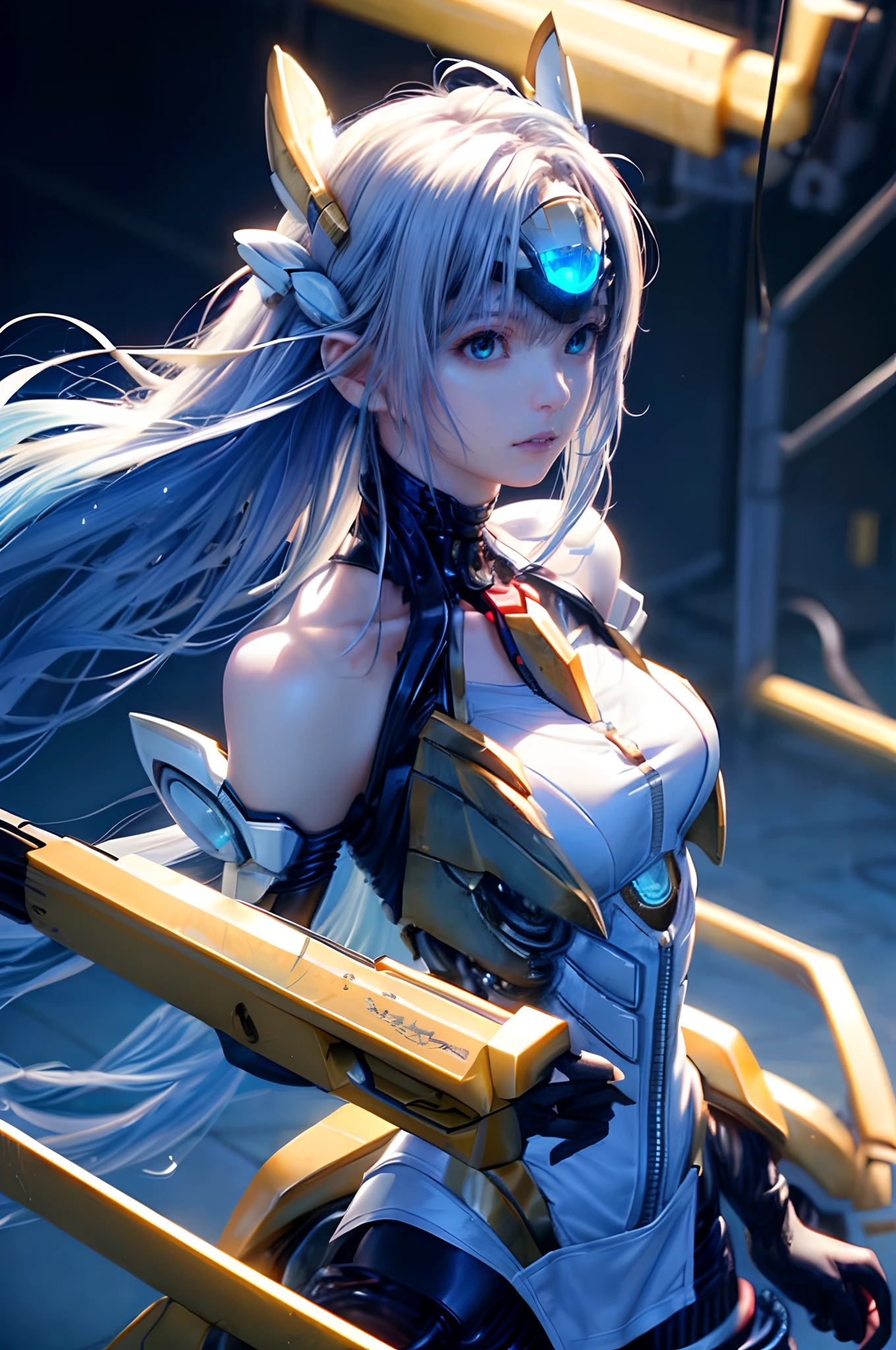 top-quality、​masterpiece、超A high resolution、(Photorealsitic:1.4)、女の子1人、Light blue hair、Straight hair, shiny and clean hair、White shiny skin、Sexy Cyberpunk Girl、((super realistic details))、Shadow、octan render、ultrasharp、hyperdetailed face、Fiberglass、Luminous tube、highly intricate detail、Realistic light、CGSoation Trends、((Golden Eyes))、(Facing the camera)、neon details、Mechanical limbs、Mechanical vertebrae attached to the back、mechanical cervical attaching to neck、Wires and cables connecting to the head、cosmic background、Rat trail section、((valkyrie))、((beam sword))、Hold your sword