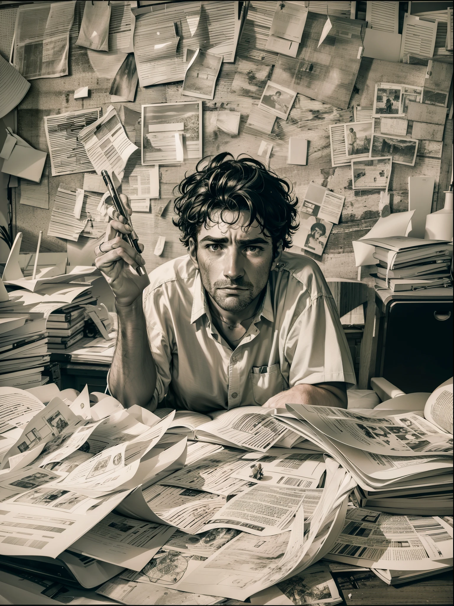 to a person standing in an office room, with a pile of disorganized papers scattered around it. The person has messy and messy hair, com alguns fios caindo sobre o rosto. His shoulders are hunched and tense, and there are wrinkles of worry and stress on your forehead. Seu rosto parece cansado e abatido, com olheiras profundas sob os olhos. They're holding a pen in their hand, but seem unable to get to work or sort out what's in front of them. There's an expression of frustration and helplessness on his face, as they stare at the papers in front of them. The image conveys the feeling of overload and pressure that work is causing that person.
