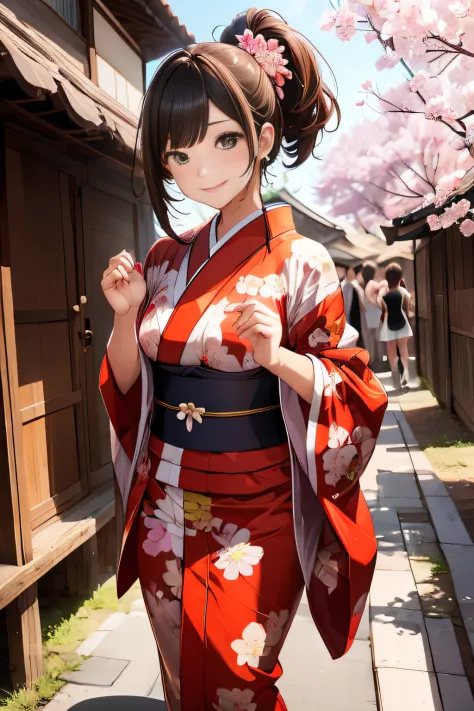 Japan Idol Girl,Add a motion blur effect to simulate motion,hight resolution,Girls Elegant Kimono,Floral kimono on shiny red fab...