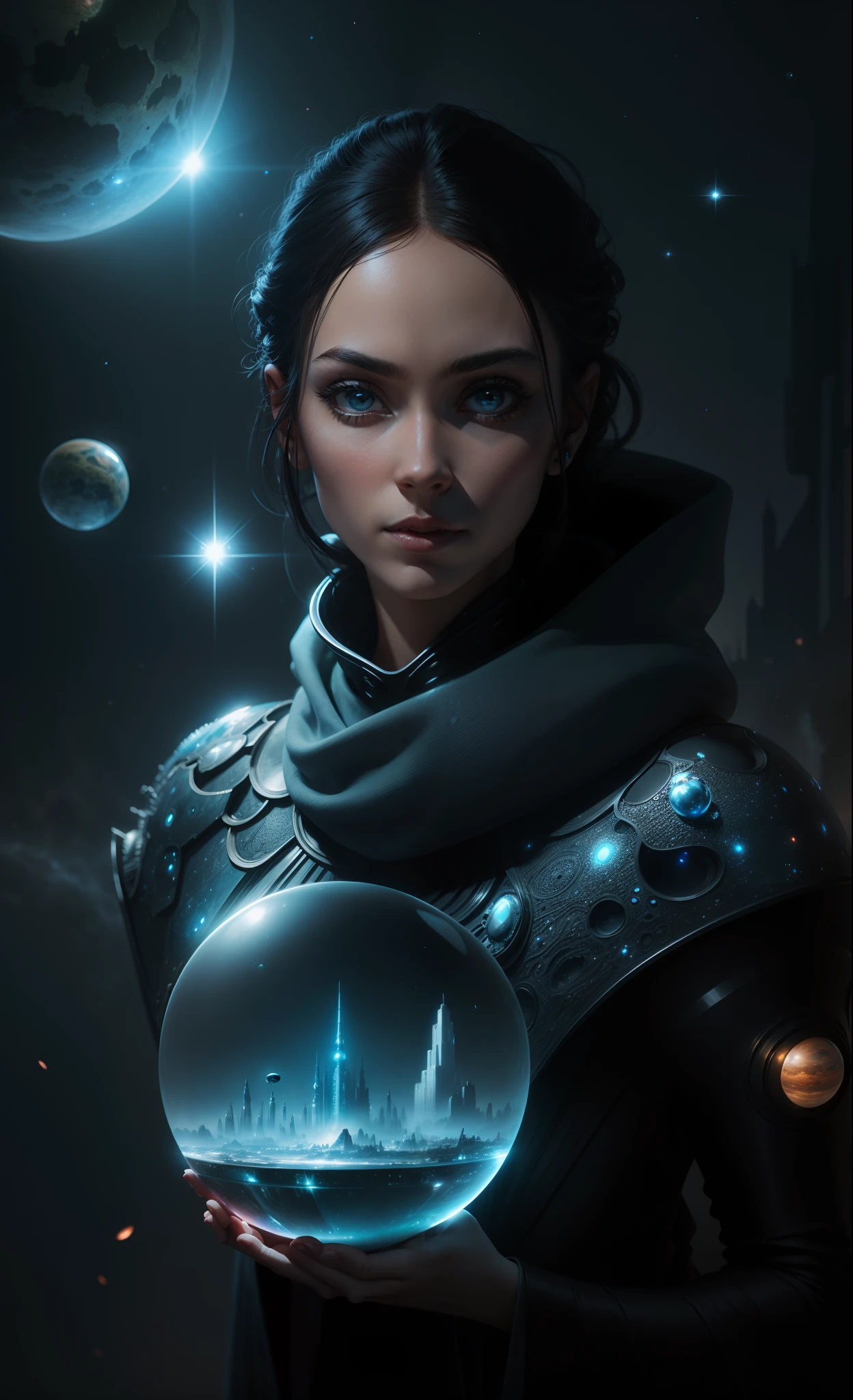 A beautiful alien space woman holds a crystal ball in her hand, inside ...