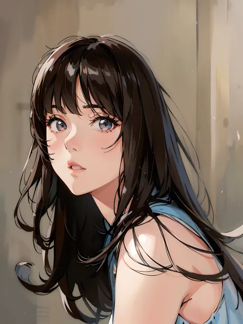 Anime girl with long black hair and blue dress stares at camera, Beautiful Anime Portrait, detailed portrait of an anime girl, Portrait Anime Girl, anime style portrait, digital anime illustration, portrait of anime girl, Stunning anime face portrait, Beau...