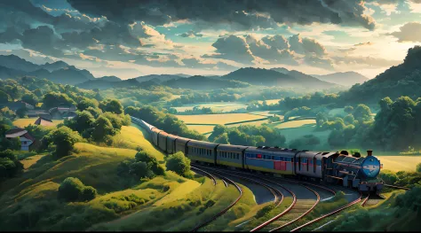 there is a train that is going down the tracks in the field, anime countryside landscape, made of tree and fantasy valley, scene...