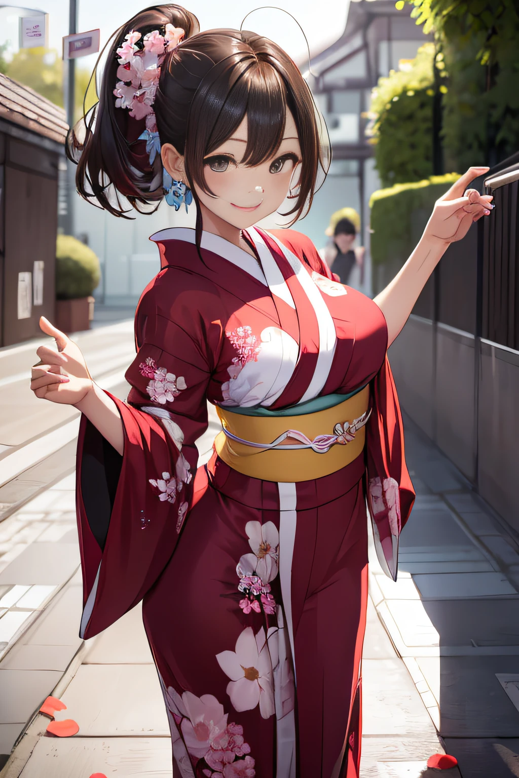 Japan Idol Girl,Add a motion blur effect to simulate motion,hight resolution,Girls Elegant Kimono,Floral kimono on shiny red fabric,Ponytail,flying hair,extremely delicate and beautiful face,Cherry Blossom Hair Ornament,Dance a fierce Japan dance at,Under the cherry blossoms with fluttering petals,Spread your arms、Place one hand in front of you,Beautiful hands,Beautiful Finger,Full body shot,Glossy light brown and orange striped shorthair,Cute smile,Perfect round face,A cheerful smile that makes the viewer happy,Proper body proportion,Beautiful hands,Beautiful fingers,Detailed finger features,detailed clothes features,Detailed hair features,detailed facial features,