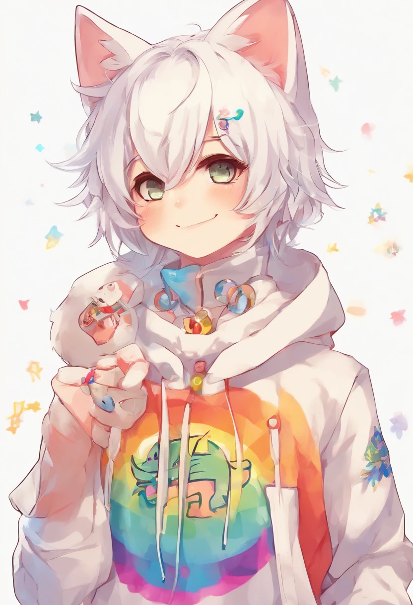 Anime girl with white hair and a hoodie holding a cat - SeaArt AI