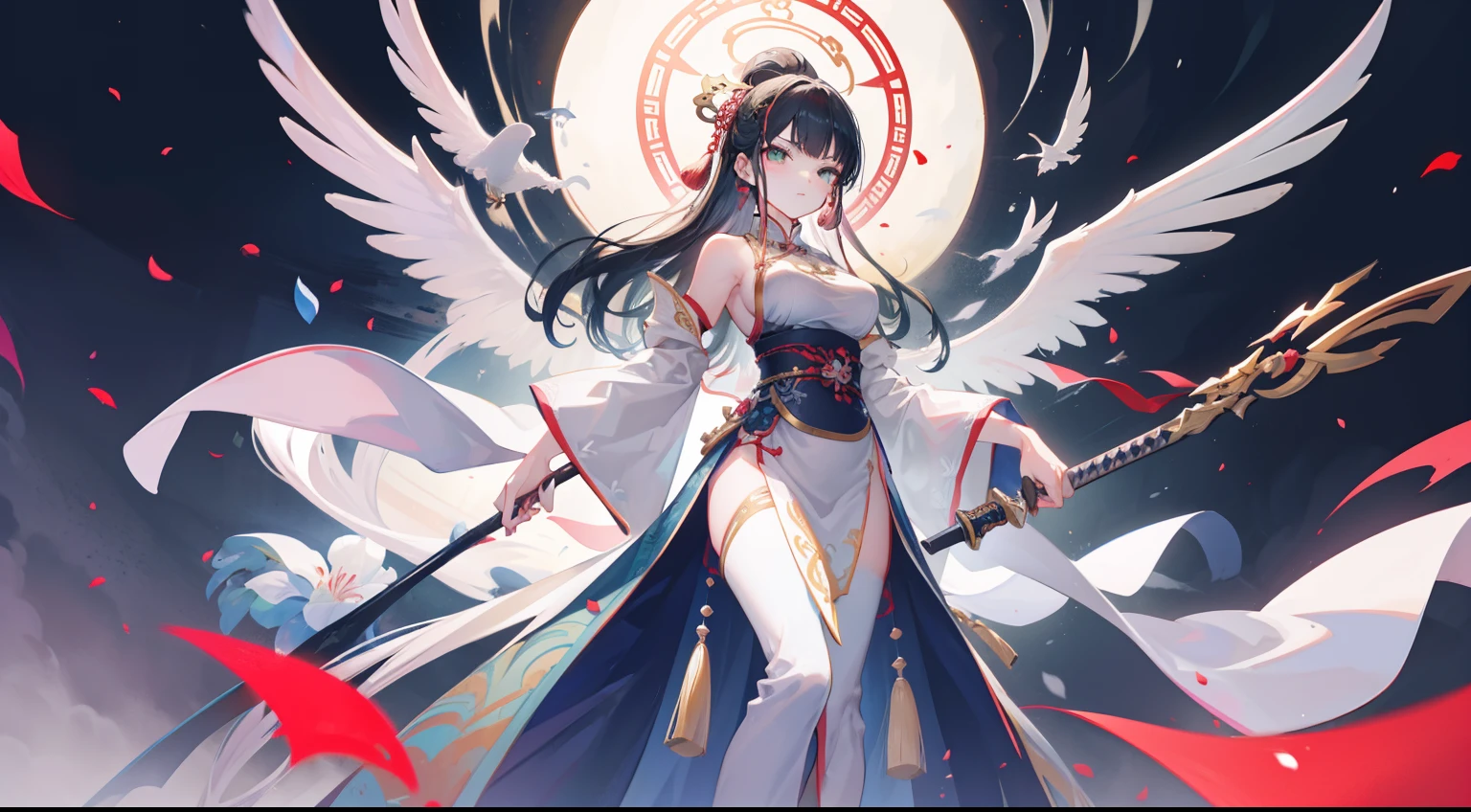 In front of a huge Chinese-style building，The image of a sword fairy of a woman holding a sword and a lot of swords, Extremely detailed Artgerm,Fitted white robe ,Bunched black hair，green-eyed,Frontal posture style Artgerm, Art germ on ArtStation Pixiv, Full body detail 4K，Dreamlike，and its detailed full-body detail 4K