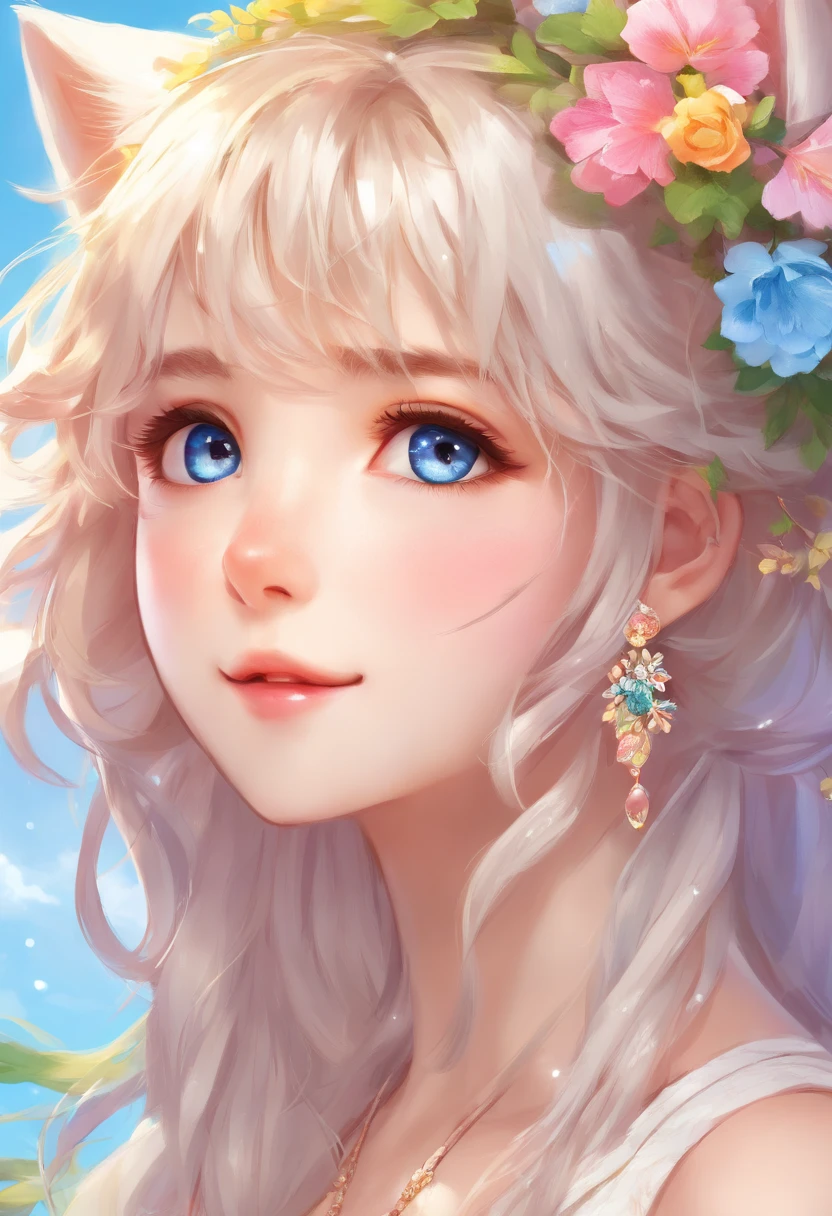 (best quality, highres, ultra-detailed), realistic, portrait, white-haired neko young adult, blue eyes, long hair, detailed facial features, delicate skin texture, gentle expression, subtle smile, vibrant and lifelike eyes, flowing locks of hair, intricate hair strands, soft and silky hair texture, ethereal atmosphere, elegant and graceful pose, tranquil and serene background, warm and soft lighting, soothing color palette, fine brushwork, masterful shading and highlights, captivating gaze, mesmerizing and captivating artistry