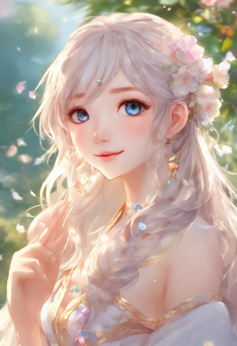 (best quality, highres, ultra-detailed), realistic, portrait, white-haired male neko young adult, blue eyes, long hair, detailed facial features, delicate skin texture, gentle expression, subtle smile, vibrant and lifelike eyes, flowing locks of hair, intricate hair strands, soft and silky hair texture, ethereal atmosphere, elegant and graceful pose, tranquil and serene background, warm and soft lighting, soothing color palette, fine brushwork, masterful shading and highlights, captivating gaze, mesmerizing and captivating artistry