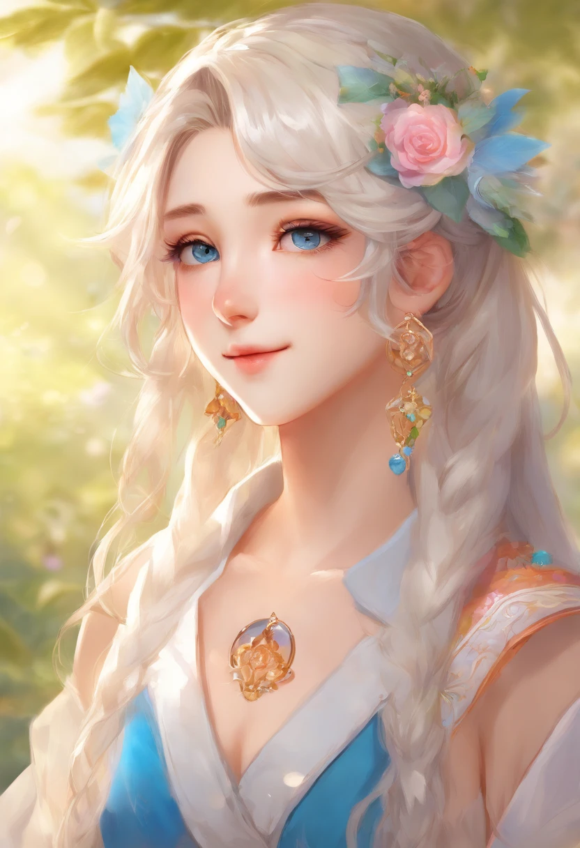 (best quality, highres, ultra-detailed), realistic, portrait, white-haired male neko young adult, blue eyes, long hair, detailed facial features, delicate skin texture, gentle expression, subtle smile, vibrant and lifelike eyes, flowing locks of hair, intricate hair strands, soft and silky hair texture, ethereal atmosphere, elegant and graceful pose, tranquil and serene background, warm and soft lighting, soothing color palette, fine brushwork, masterful shading and highlights, captivating gaze, mesmerizing and captivating artistry