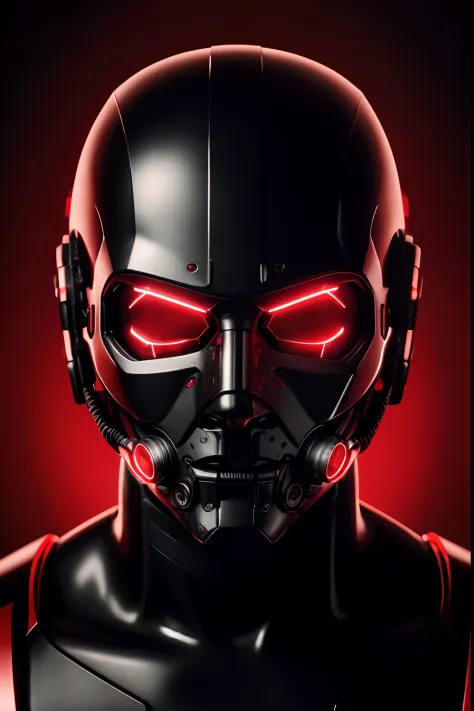 (8k quality, masterpiece, best photography), facial photo of a cyborg mask (red and black), cyberpunk inspiration, dark background, eyes glaring red, best looking mask,