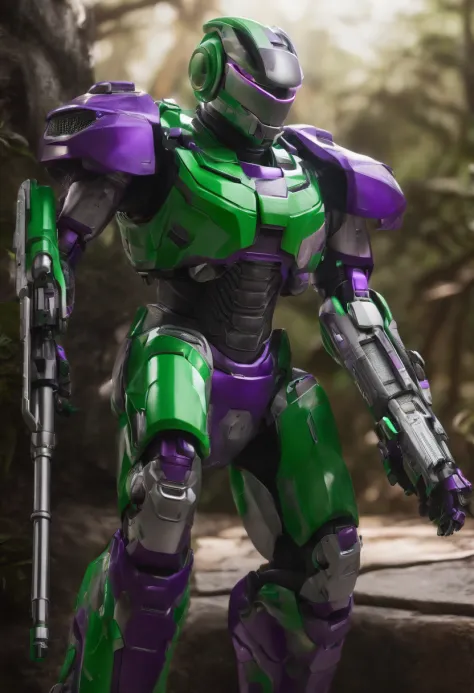 Um robo, roxo, branco detalhes verde, com armas de tinta spray, brushes on armor, capacete estilo bico de tinta spray, highes definition, renderisado por computador, 3d, realista.