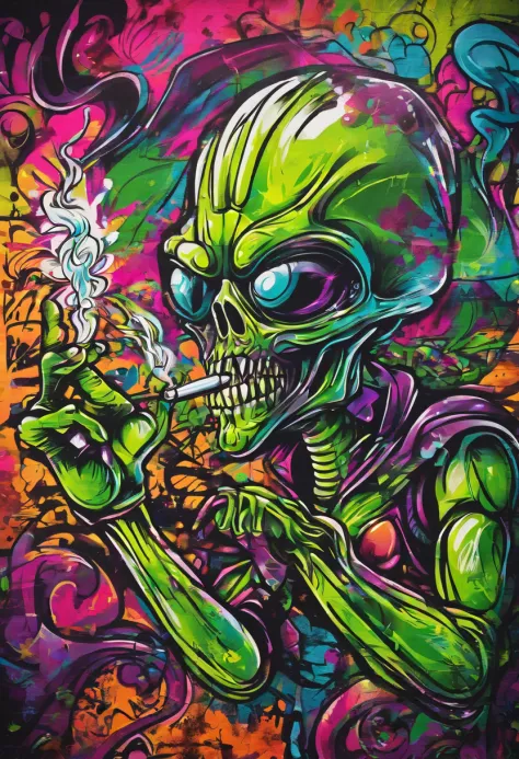 grafity, Alien smoking marijuana, imagem completa, High resolution high contrast