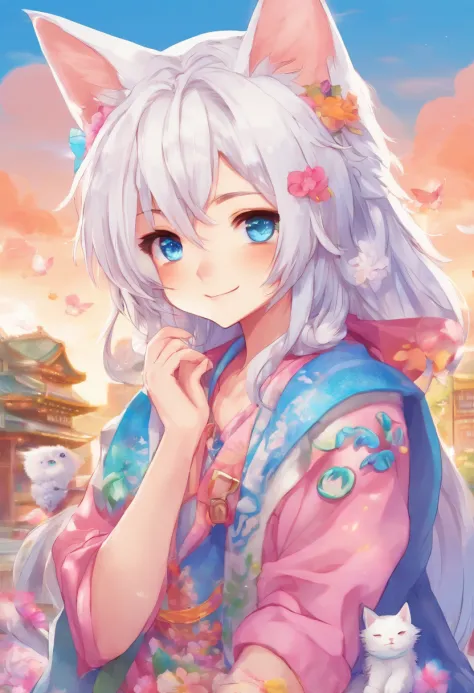 Male neko wearing a soft cute outfit, has bright blue eyes and long white hair