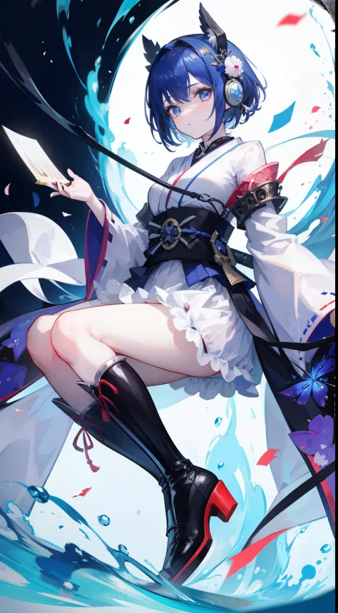 short-hair、gotik、Japanese Lolita、Hold the sword、Confetti、head phone、hotpants、Blue Flame、A picture that can be seen in its entirety　Black boots　Front-facing composition