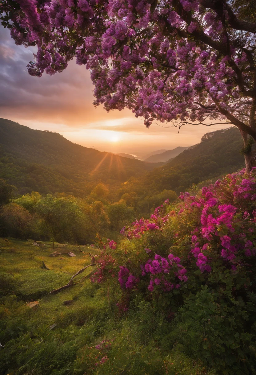 A view of a beautiful mountain with a tree and flowers - SeaArt AI