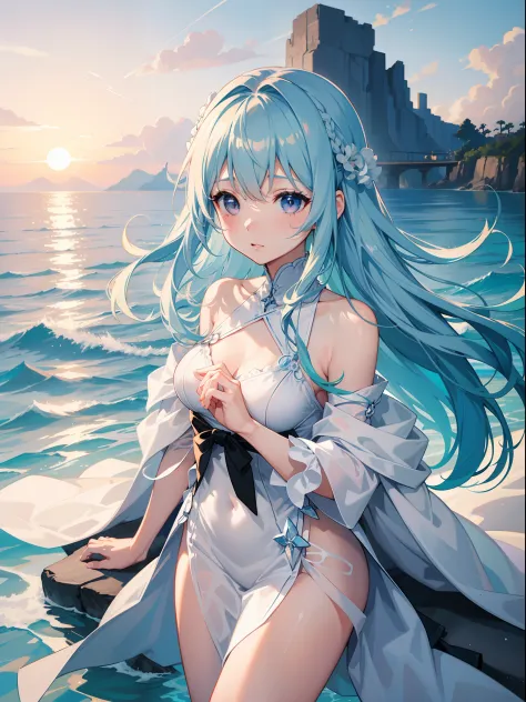 Girl with long light blue hair、Black eyes、dress with white frills．The figure illuminated by the setting sun is God々Right！an orange、pink there、Yellow blends to fill the sky、The sunset over the beach is truly mesmerizing。The crystal clear sea gently kisses t...