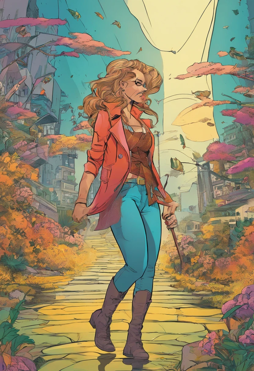 A woman in a red jacket and blue pants walking down a path - SeaArt AI