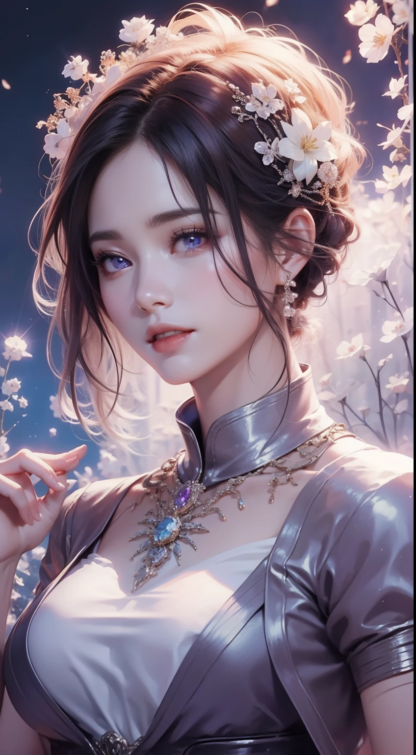 tmasterpiece，Highest high resolution，((themoon))，Dynamic bust of a beautiful aristocratic maiden，elegantly coiled brown chestnut hair，Purple clear eyes，Hair is covered with beautiful and delicate floral craftsmanship, Crystal Jewelry Filigree，Ultra-detailed details，upscaled，The Earth Rises。