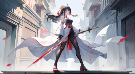 In front of a huge Chinese-style building，The image of a female master swordsman holding a sword and a lot of swords,Fitted whit...