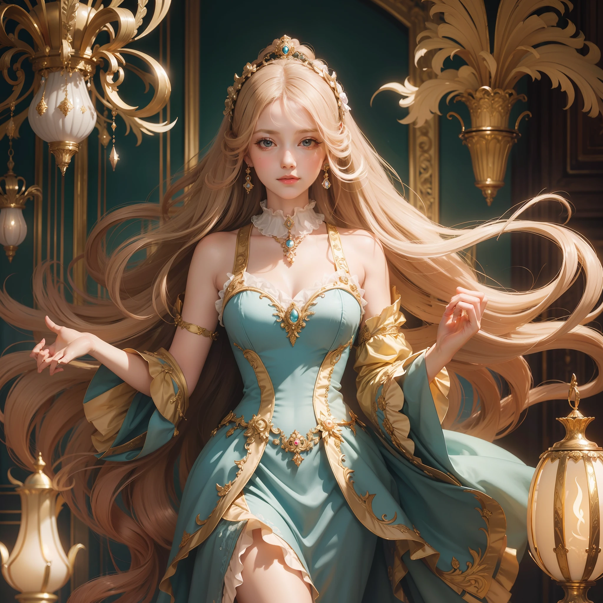 (Rococo style:1.1), (Art deco:1.1), masutepiece, Super Detail, High quality, awardwinning, 8K, noble girl, floating hair, Elegant dress, in the palace, glowing light, Healing, recovery