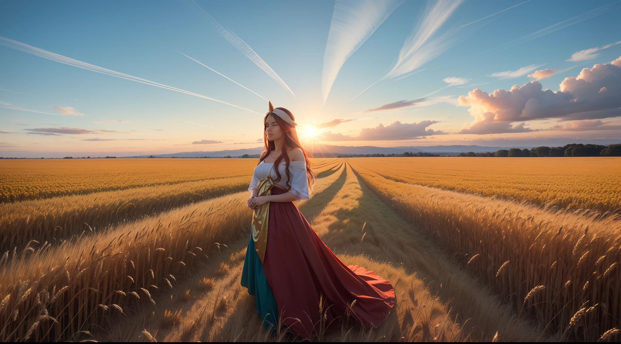 "Descreva uma imagem da deusa Ninkasi, a deusa da cerveja, vestida com um longo vestido vermelho e cabelos vermelhos, standing in front of a lush wheat field. The goddess radiates an aura of divinity and is enveloped in an atmosphere of serenity. His gaze is fixed on the wheat field, which extends as far as the eye can see, with golden ears swaying gently in the breeze. Explore os detalhes da deusa, seu vestido escarlate, her long red hair and the lush wheat plantation in the background."