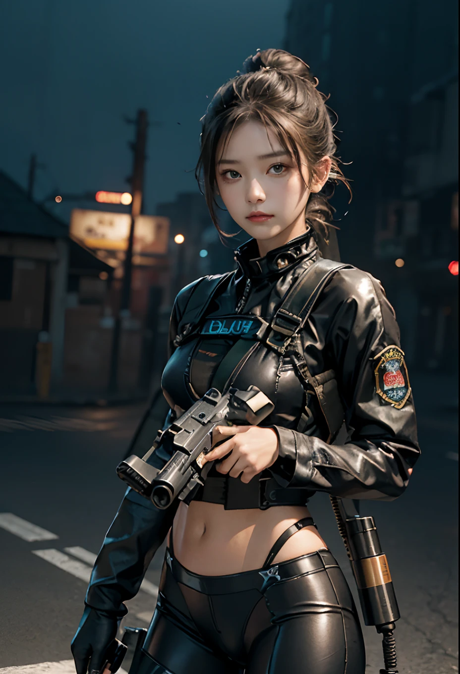 Highest image quality, outstanding details, ultra-high resolution, (realism: 1.4), the best illustration, favor details, highly condensed 1girl, with a delicate and beautiful face, ((cowboy shot)), (wearing black nylon racing suit likes police uniform, black and gray mecha, wearing a night-vision goggle, military harness, holding a machinegun or bring a machinegun, "SST"), simple background gey