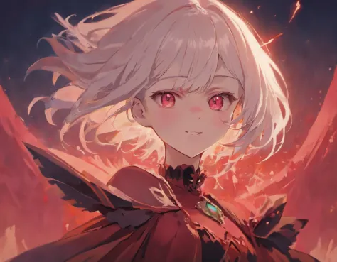 A white-haired female vampire，red luminous eyes，Huge pupils with color gradients，grinning smile，Show fangs，Black Gothic costume，elevation shooting，Scarlet Full Moon