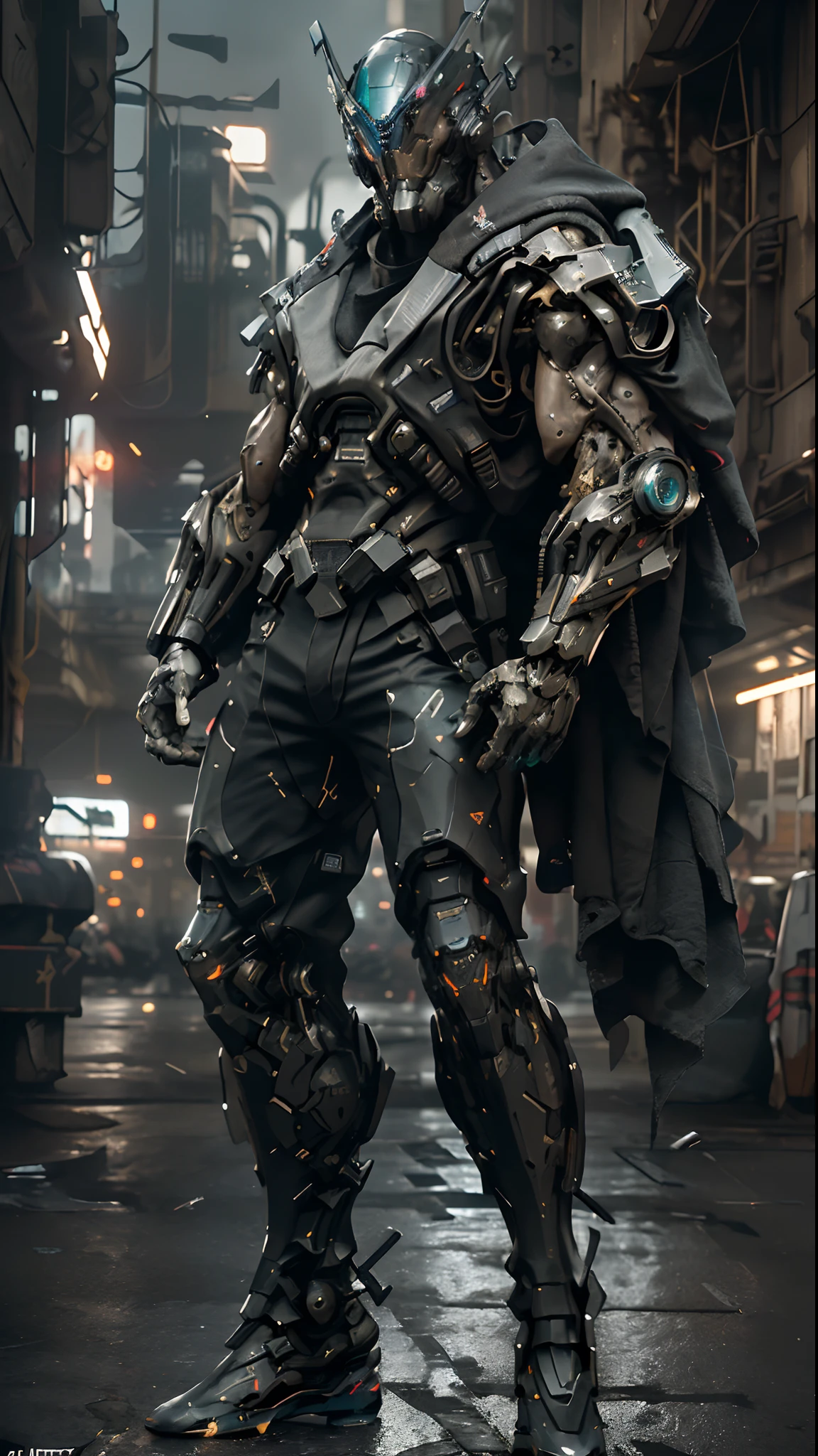 赛博朋克肌肉特种部队机器人的电影动作镜头, 帶有全像光學的頭盔, 黑暗反乌托邦科幻美学, 背景中的反乌托邦城市, 晚上, 動態角度, 電影燈光, 非常詳細, 超寫實, (全身:1.2)