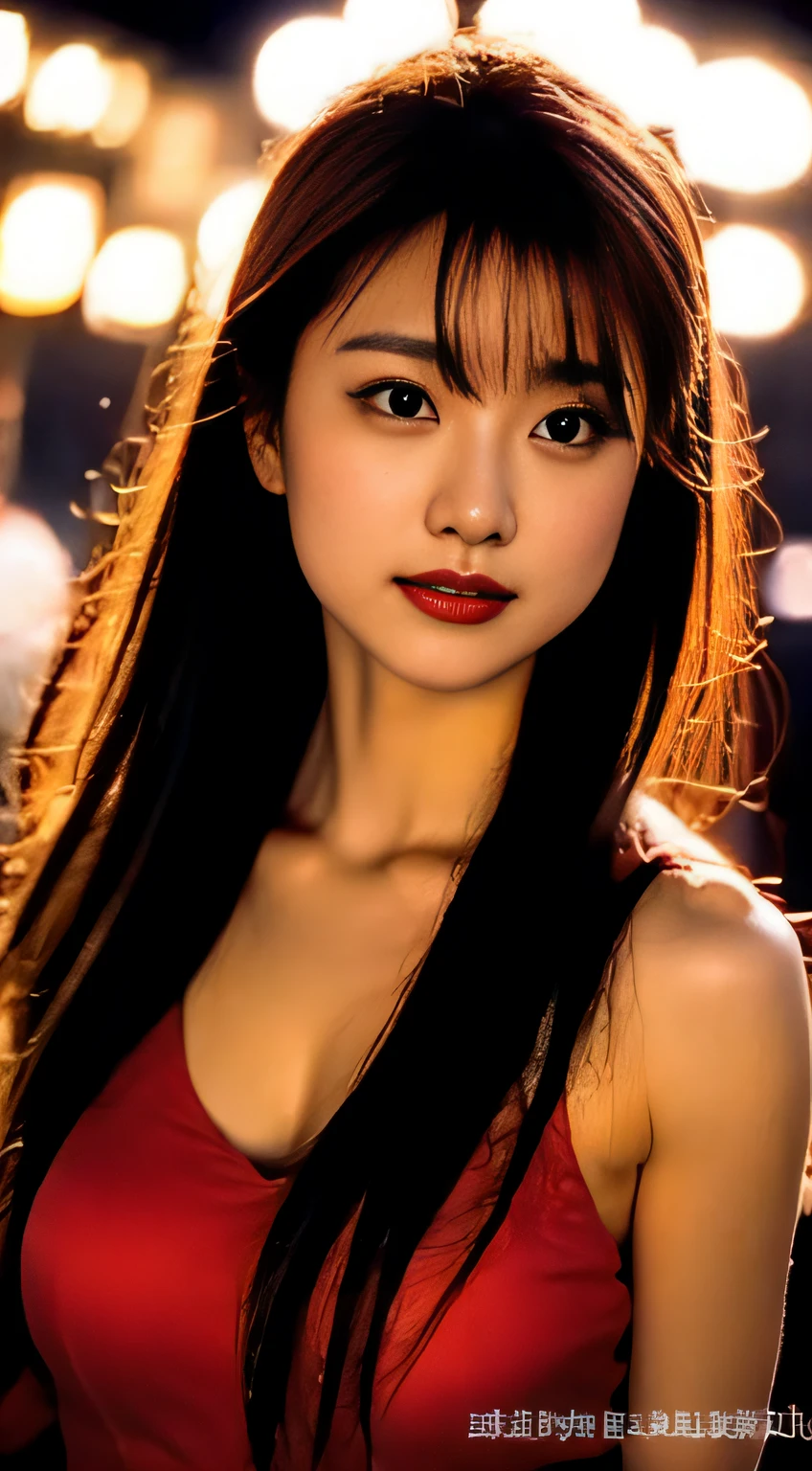 top-quality。８K-Picture。Ultra-high pixel。The background is the city at night。girl with。hair is long and slightly wavy,,,,,,,,,,,,,,,,,,,,,,,,,,,,,,,,,,,,,,,,,,,,,,,,。The color is dark brown。Glamour style、((huge-breasted：1.8))。wearing red dress、Photos dancing brilliantly。Delicate finish overall。The body line is gorgeous。legs are long、Wear red high heels。((Hair shines like a reflection of the street。The eyeball reflects the surrounding landscape。The skin is wet with night dew))。Almost perfect woman。((time々In close-up of the upper body))。The second highlighted part々I want you to express it in close-ups。