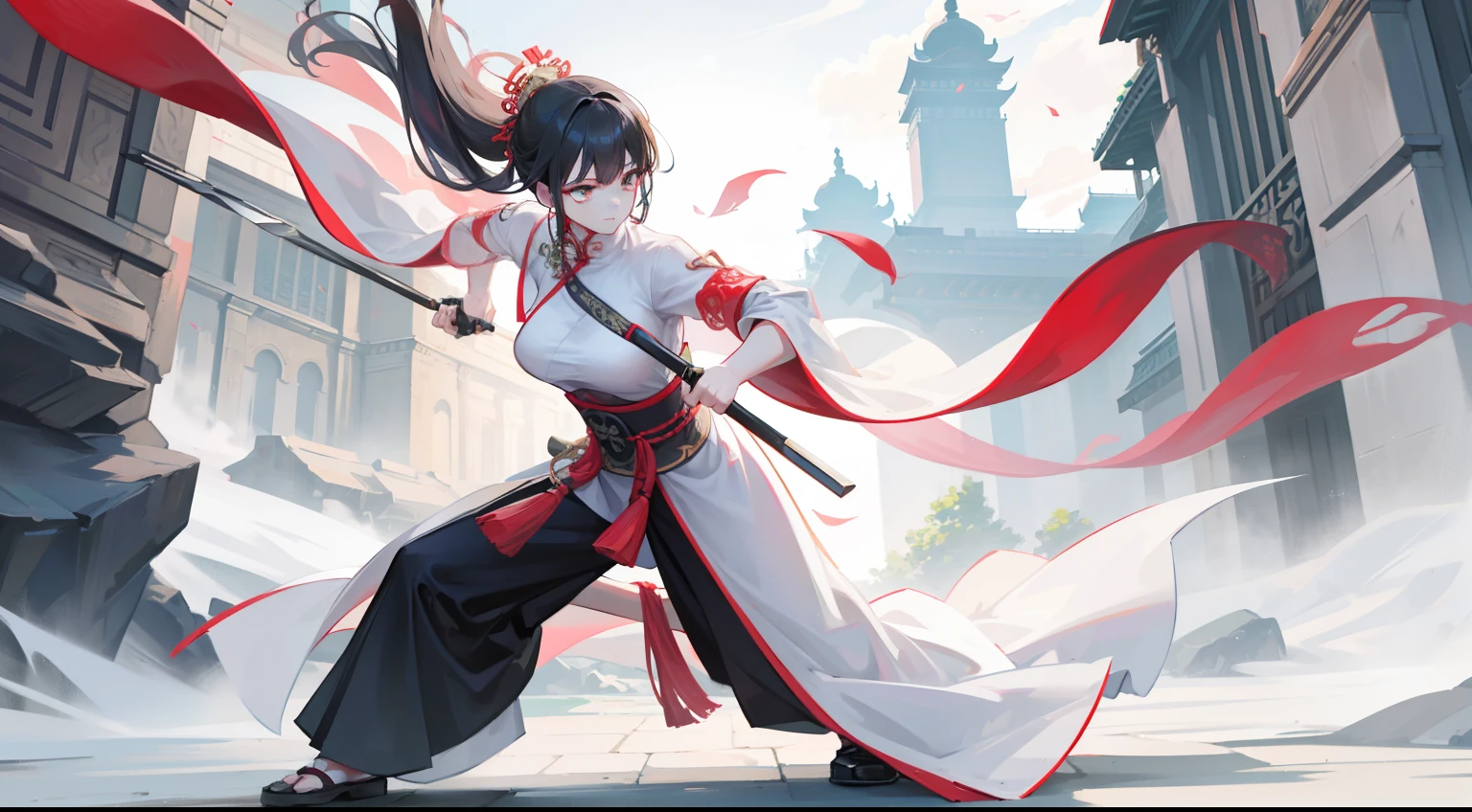 In front of a huge Chinese-style building，Image of a female swordsman holding a sword,Fitted white robe ,A bunch of black hair，green-eyed,front poses，style artgerm, Art germ on ArtStation Pixiv, Full body detail 4K，Dreamlike，and its detailed full-body detail 4K
